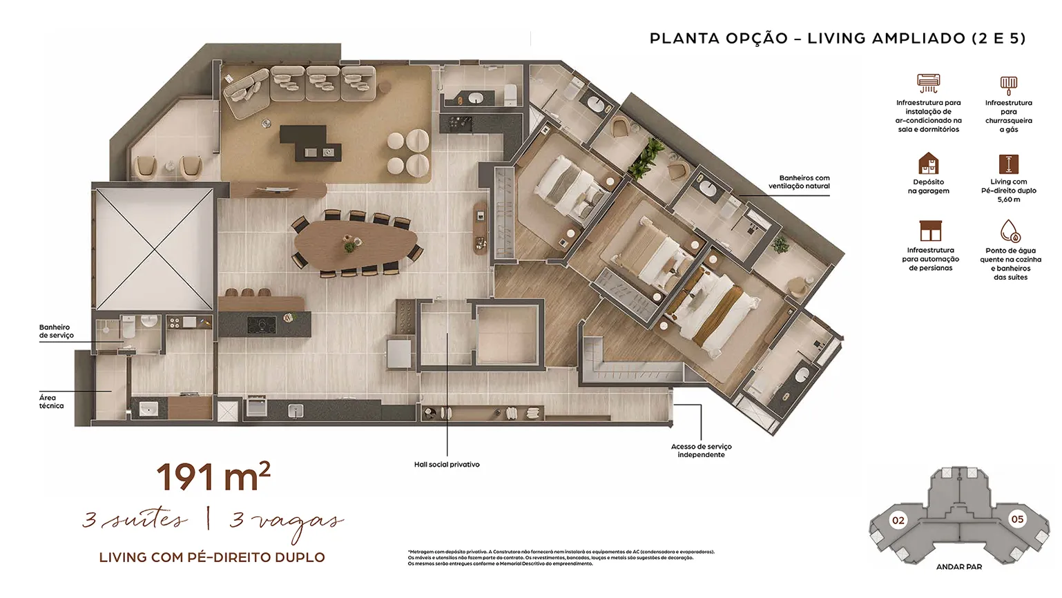 Planta Planta Opção — Living ampliado (2 e 5) — 191 m²